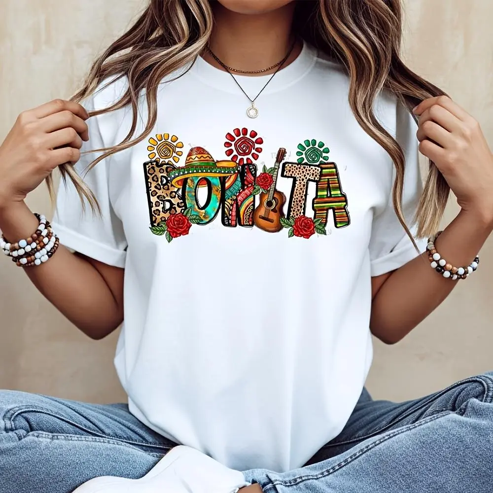 Colorful Boho Letter Print With Guitar And Roses, T-Shirt, Mexican Fiesta Cinco De Mayo Summer Vacation, Casual Daily Wear