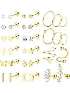 20G Steel Stud Earrings for Women Multipack Cartilage Earring Studs Hoops CZ Heart Star Flat Back Earrings Helix Piercing Jewelry