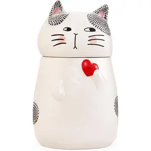 Cartoon Cat Handpainted Stoneware Airtight White 10.2 inch Cookie Jar, Dishwasher Safe, for Storing Cookie, Candy, Coffee