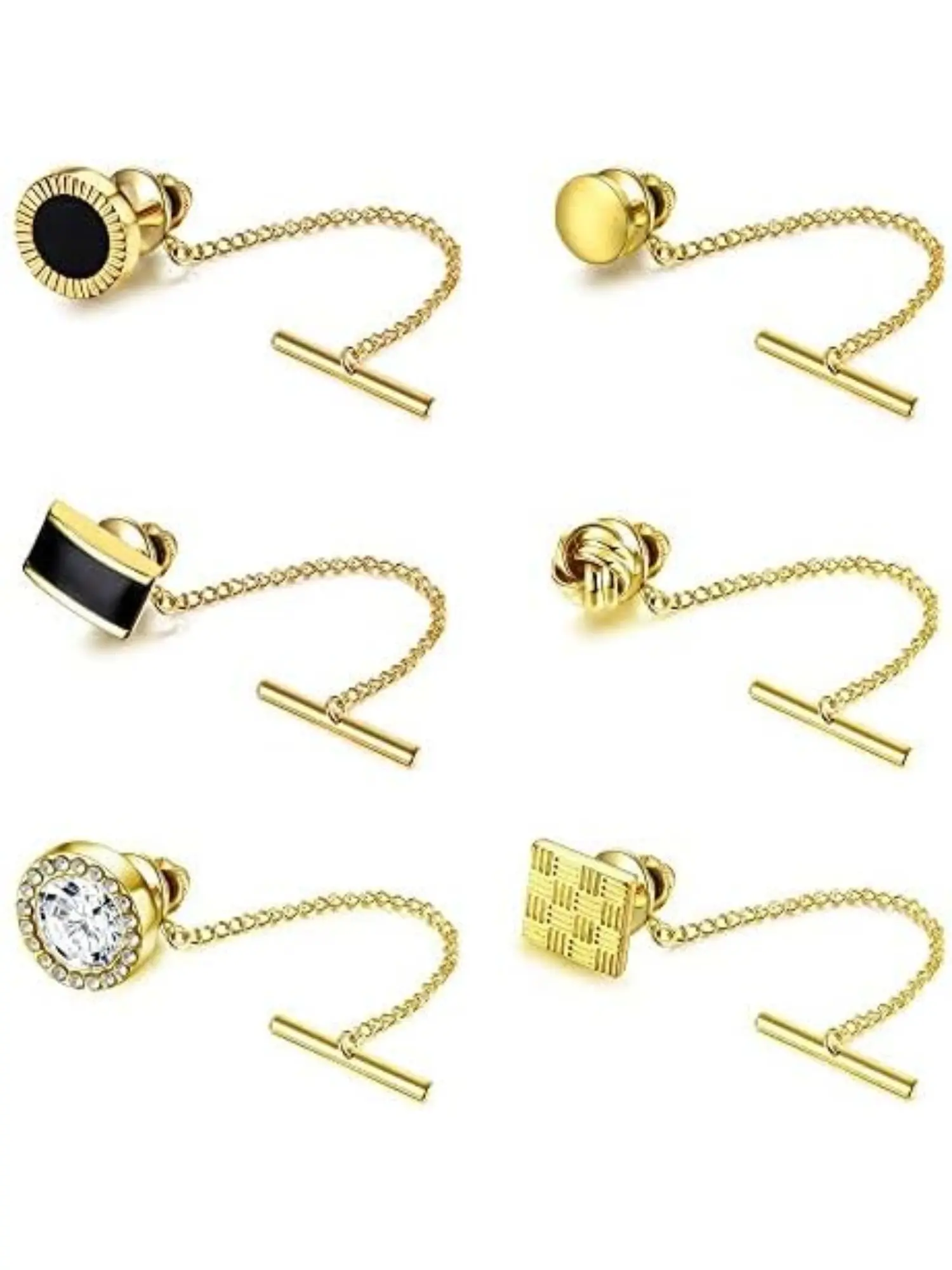 6Pcs Tie Tacks for Men Guys Tie Pin with Chain 14K Gold Plated Tie Tack Clutch for Wedding Birthday Anniversary Business Accessory