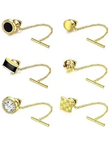 6Pcs Tie Tacks for Men Tie Pin with Chain 14K Gold Plated Tie Tack Clutch for Wedding Birthday Anniversary Business Accessory