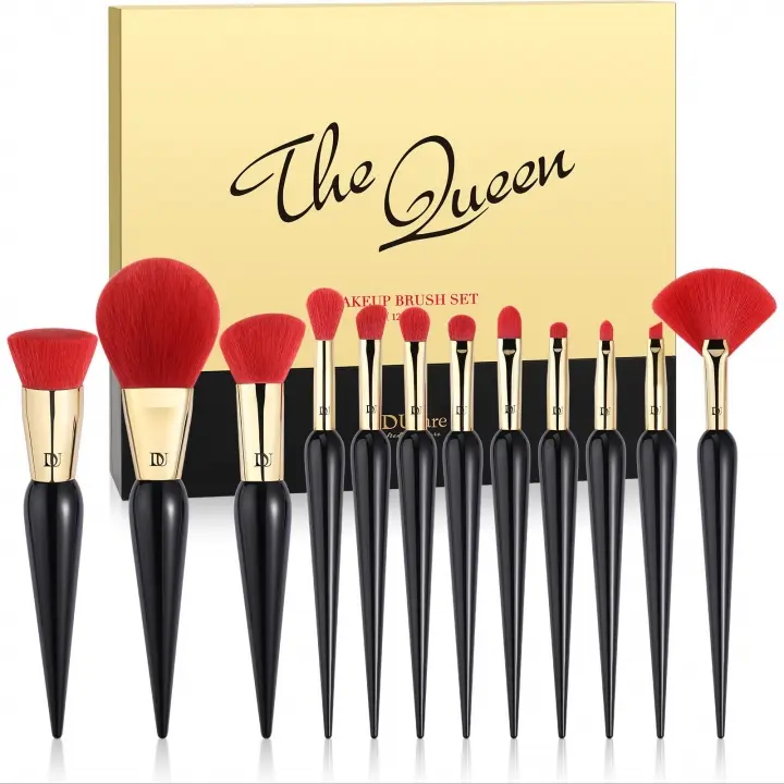 DUcare 12Pcs Queen Makeup Brush Set - Christmas Gift, Face & Eye Tools, Gift Box Holder, Handcrafted Vibrant Red Bristles, Face Makeup Brushes with Soft Touch