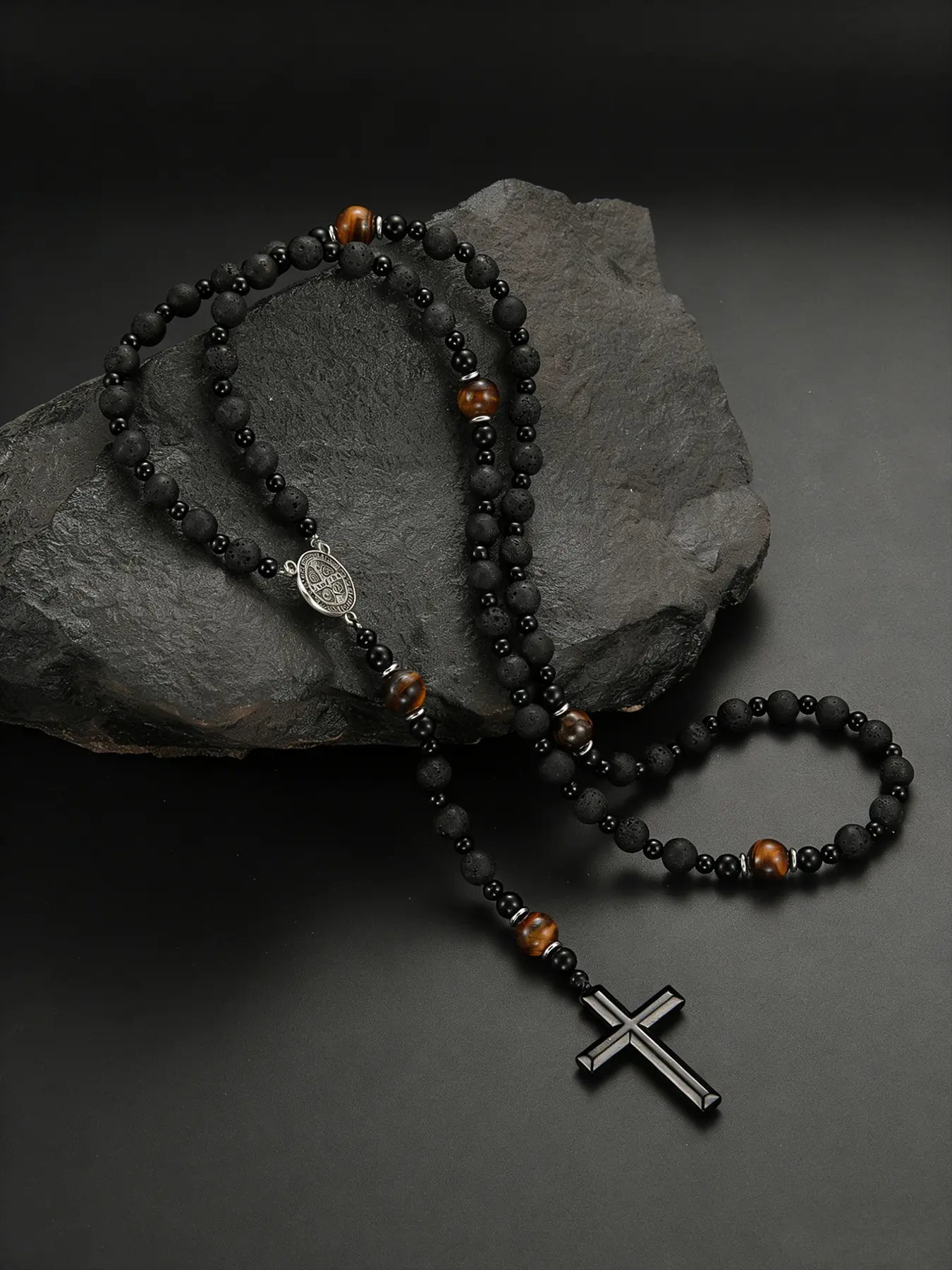 Vintage Matte 8mm Round Bead St Benedict Cross Pendant Necklace for Men and Women, Unisex Religious Jewelry Accessory, Faith Pendant, Cross Necklace Chain
