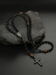 Vintage Matte 8mm Round Bead St Benedict Cross Pendant Necklace for Men and Women, Unisex Religious Jewelry Accessory