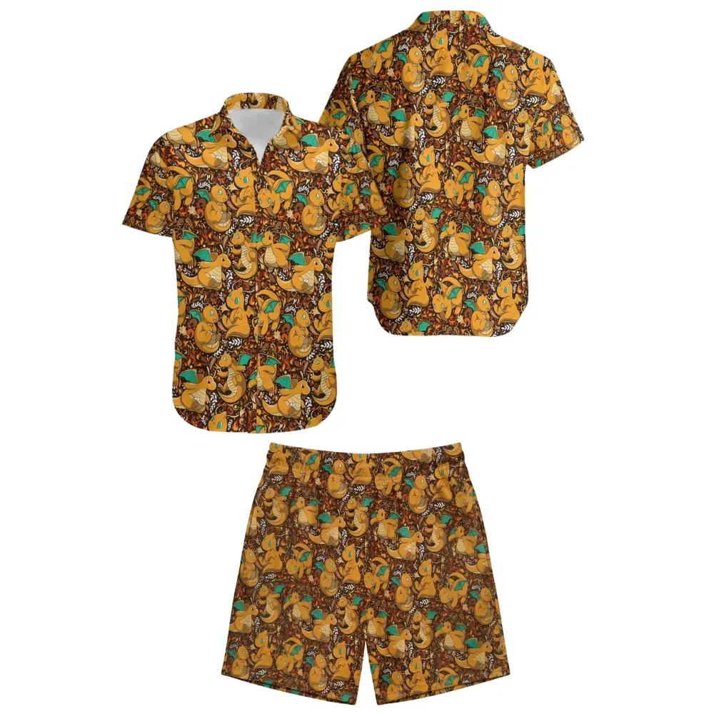 Dragonite PKM Pocket Monsters Matching Hawaiian Shirt Shorts Set, Retro Anime Streetwear Summer Set, Perfect Gift for Anime Fans