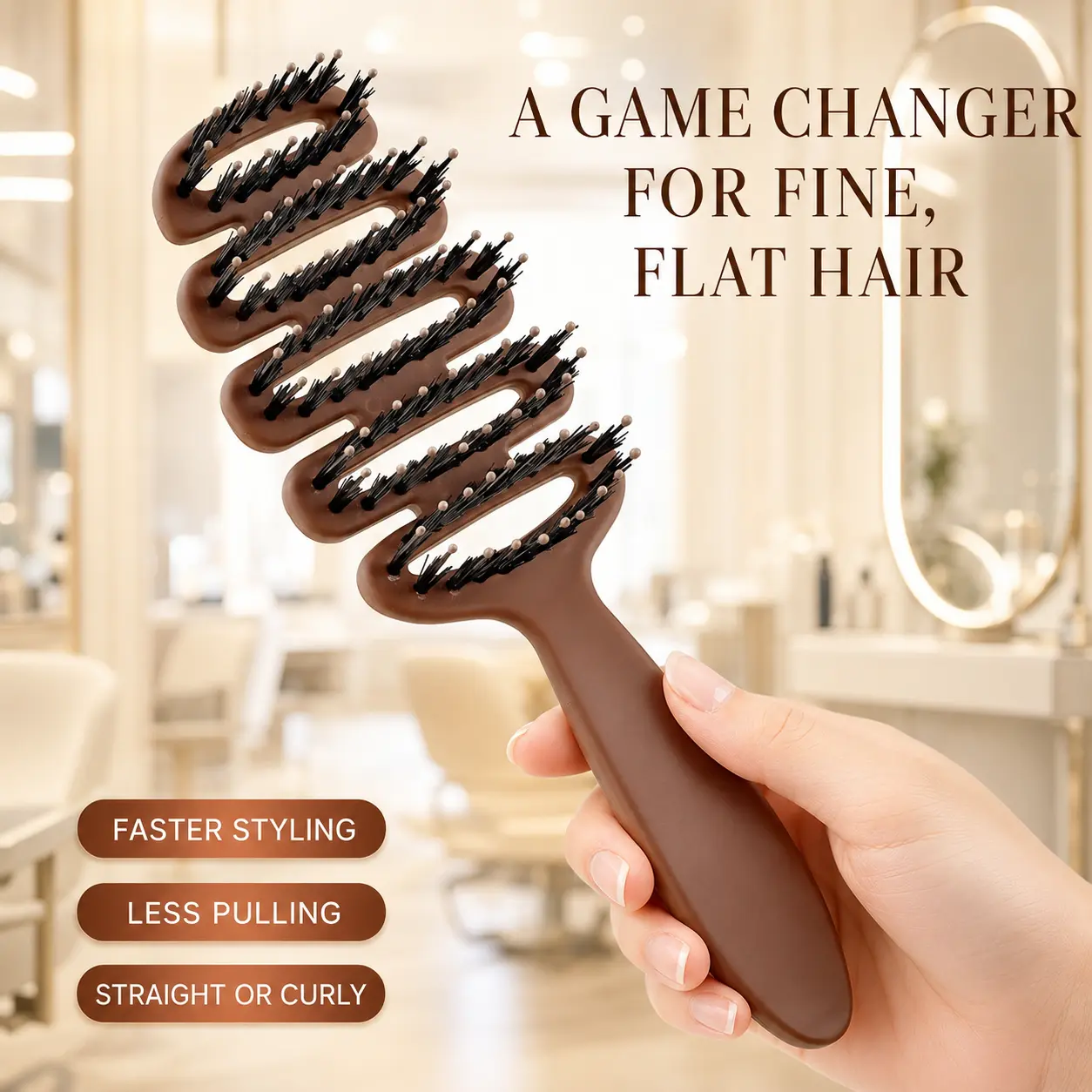Mixed Bristle Vented Volumizing Hair Brush - Curved Head with Boar Bristles & Nylon Pins, Lift Boost for Fine Hair, Scalp Massage Blow-Dry Tool for Wet/Dry Use (Enhances Smoothness)