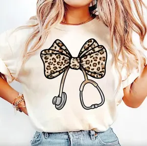 Leopard Nurse Coquette Bow Shirt, Nursing Shirt, Cute Girlie Bow with Stethoscope Shirt, Registered Nurse Graduation Gift, Sweater Hoodie Men Women