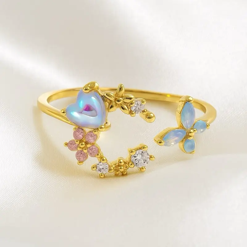 Dainty Adjustable Gold Plated Moon Butterfly Ring with Pink Gemstones and Diamond Accents