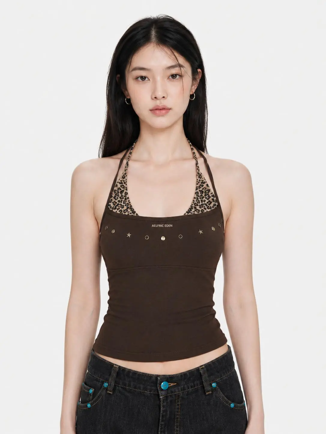 Aelfric Eden Leopard Halter Studded Cami Top Slim Fit Contrast Leopard Print Panel & Studded Detail Halter Neck Tie Casual Y2K Retro Streetwear Top,summerwins,summeroutfits,vacationoutfits,beachoutfits