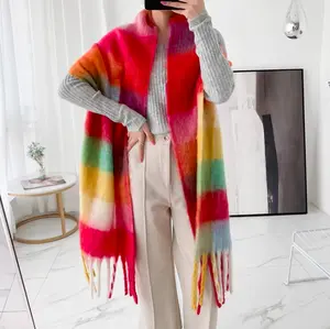 Multi-Colored Plaided Fluffy Scarves Winter Floral Oversized Shawl Wool Scarves Winter Scarf
