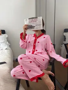 Valentine's Day Elegant Women's Sleepwear Pajama Set, Heart Pattern V Neck Short Sleeve Top and Long Pants, Lightweight Polyester Homeewear