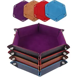 A set of hexagonal leather dice trays and storage boxes, a multifunctional dice tower organizer, classic board game accessories, suitable for DND, TTRPG, RPG tabletop dice games and small item storage