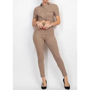 RIO MOCHA COLLARED SNAP BUTTON SELF-TIE JUMPSUIT