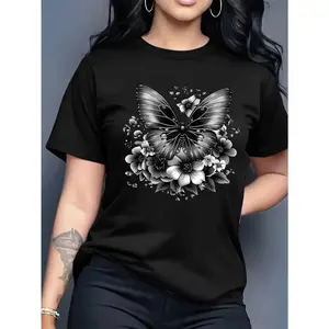 Women's Preppy Fitted Butterfly and Flower Pattern Printed T-Shirt - Short-Sleeve Round Neck Casual Sports Top for Spring Summer, Ideal Birthday Gift