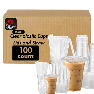 16 oz Clear Plastic Cups with Flat Lids & Straws Eco-Friendly Disposable Set of 100 BPA-Free PET Cups for Sustainable Living DrinkInStyle Party Supplies Pack