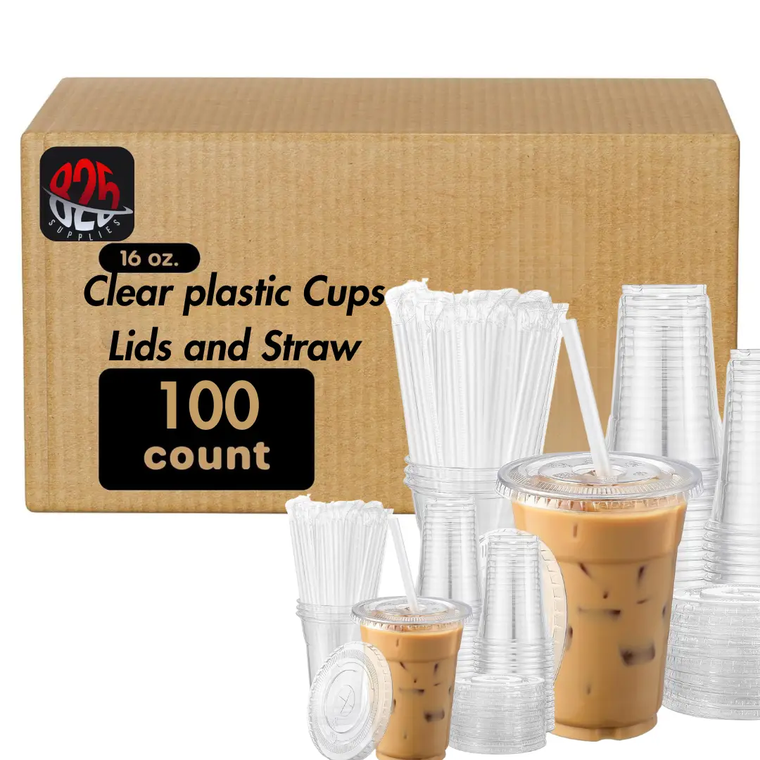 16 oz Clear Plastic Cups with Flat Lids & Straws Eco-Friendly Disposable Set of 100 BPA-Free PET Cups for Sustainable Living DrinkInStyle Party Suppli