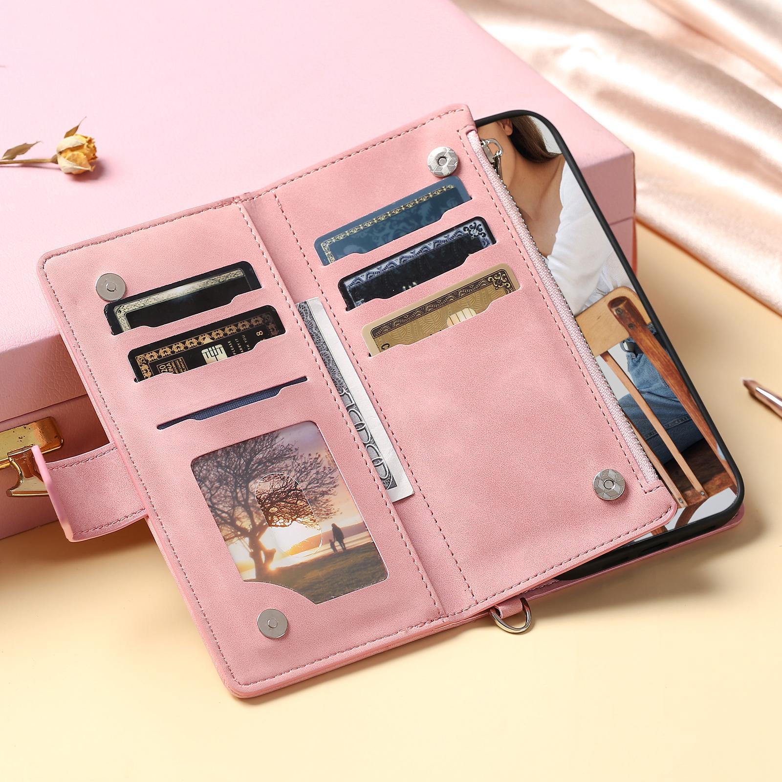 Wallet Case For iPhone 17 16 15 14 13 12 11 Pro Max, PU Leather Phone Case with Card Holder Kickstand & Wrist Strap Cover Magnetic Closure Flip Handbag Zipper Purse Shell for Women Girls