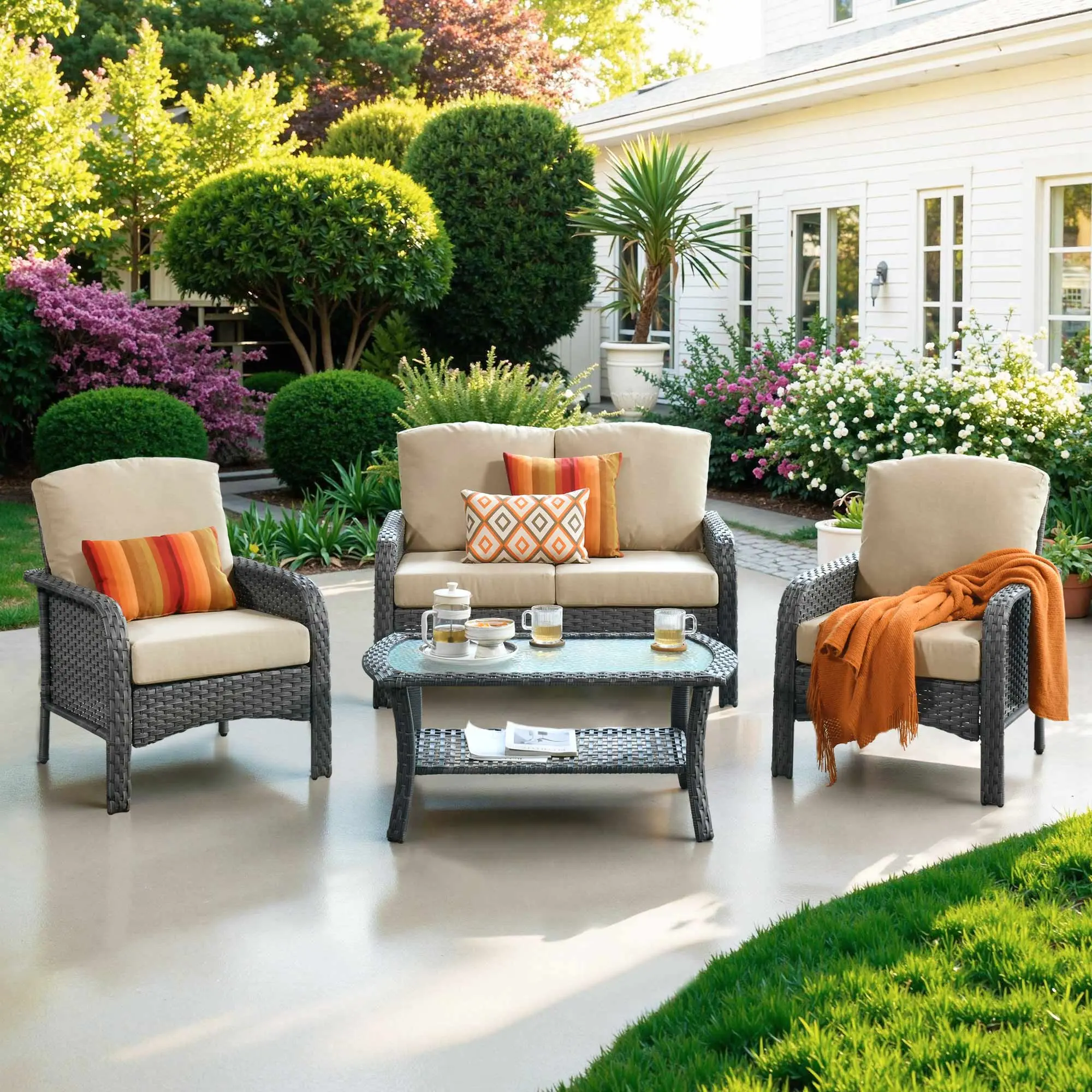 Grey Wicker Beige Cushion