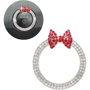 Red Bow  Accessories,Bow Tie Push Start Button Ring,Bling Girly Bow  Decor for Women,White Rhinestone Engine Start Button  Ring Charm