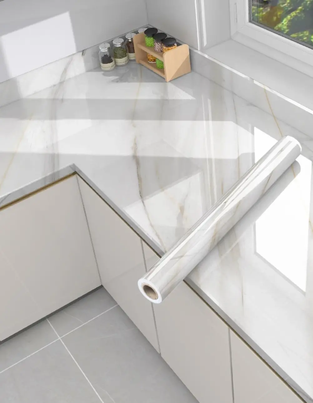 PVC Glossy Adhesive Marble Pattern Wallpaper - Geometric Oil-Proof Waterproof Detachable Kitchen Countertop Sticker for Indoor DIY Enthusiasts’ Furniture Renovation & Room Decor