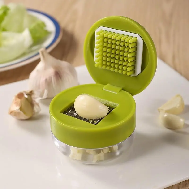 Mini Garlic Chopper and Press with Container, Manual Garlic Mincer Crusher Cutter Grinder, Stainless Steel Blades, Handheld Garlic Slicer Dicer Zoom Tool – Green