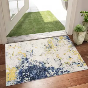 【GARVEE】Abstract Modern Area Rug 2x3 Washable and Foldable Soft Carpet with Non-Slip Backing, Non-Shedding, and Stain Resistant for Living Room, Bedroom, Dining Room, Office in Yellow and Blue