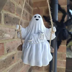 Halloween Swing Decoration, Resin Witch & Cat Statue, Indoor/outdoor Hanging Ghost Sculpture, Garden/tabletop Decor, Festive Gift Idea