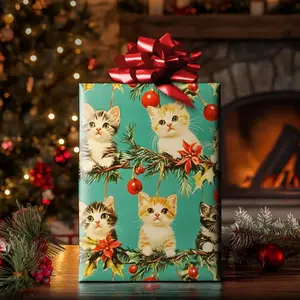 Mistletoe Mischief Kitten Wrapping Paper, Vintage Gift Wrap, Cute Xmas Holiday Present Wrap