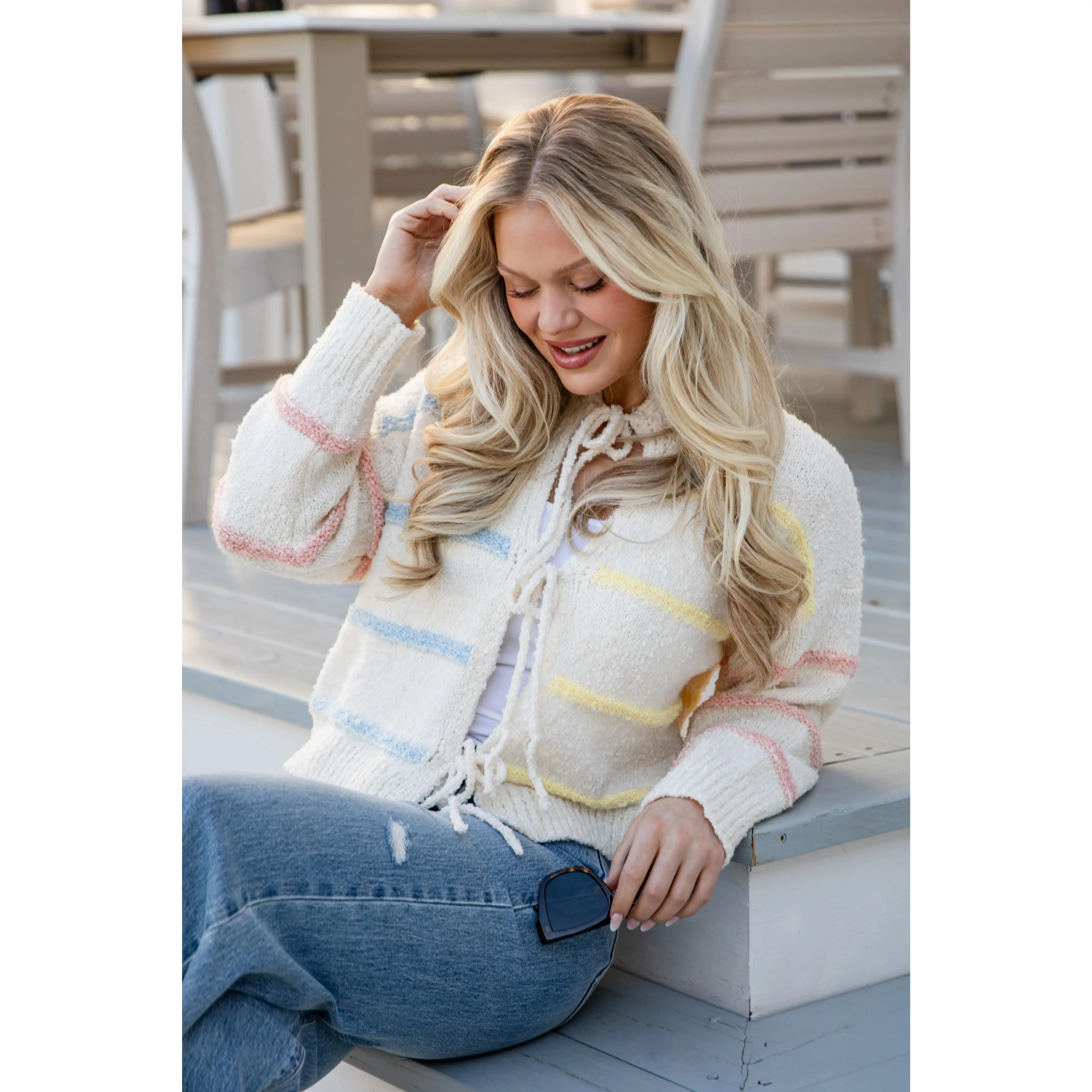 FINAL SALE - Sugar Stripe Tie Ivory Cardigan