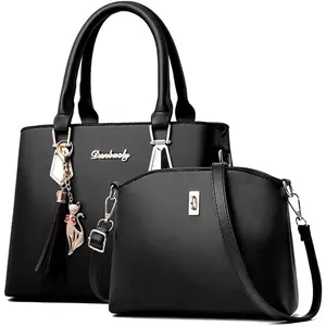 Women Top-Handle Purses Leather 2pcs Totes Handbag Shoulder Satchel with tassel