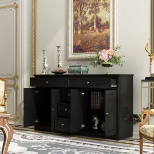 FUFU&GAGA Credenza Sideboard Buffet Storage Cabinet with Drawers & Doors, Buffet Cabinet with Adjustable Shelves, for Kitchen Hallway (59.1”W x 15.7”D x 33.5”H) Furniture Organization