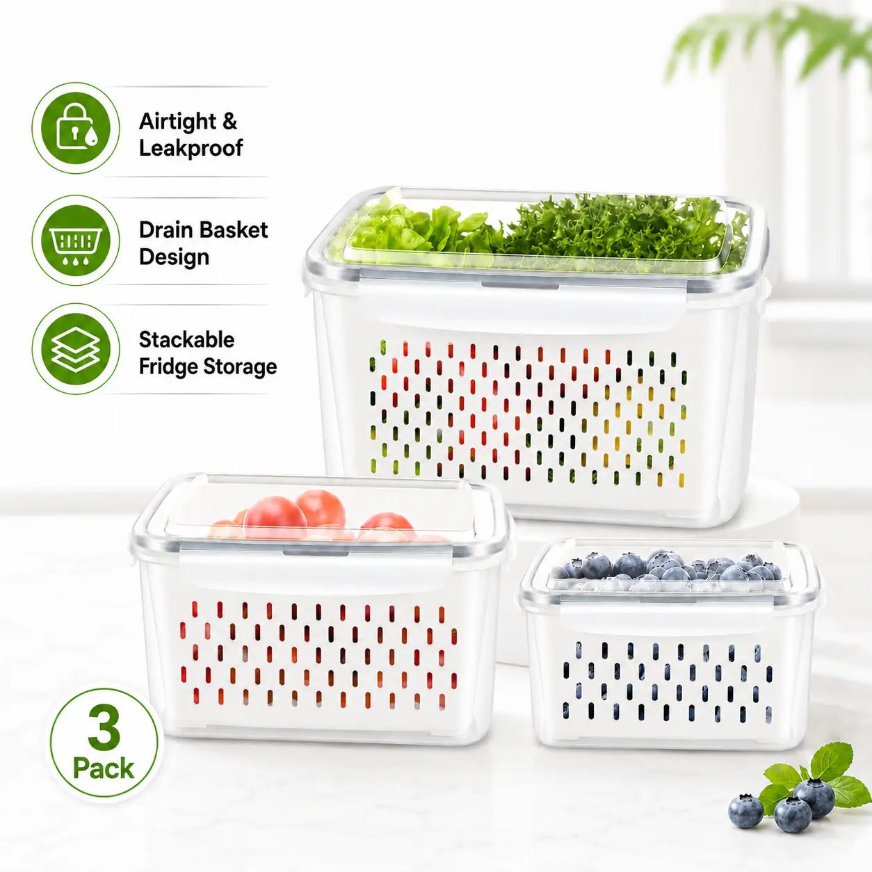 MIUVA 3-Pack Fruit Storage Containers for Fridge with Drain Colanders Airtight Basket for Lettuce Berry Vegetable Use Leakproof Stackable Produce Savers-3Pack Lid