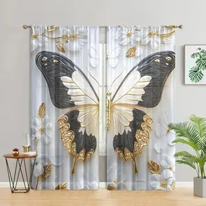 Butterfly Art Curtains Set, 2 Piece Rod Pocket Design, Transparent to Opaque Fabric, Perfect for Living Room Bedroom
