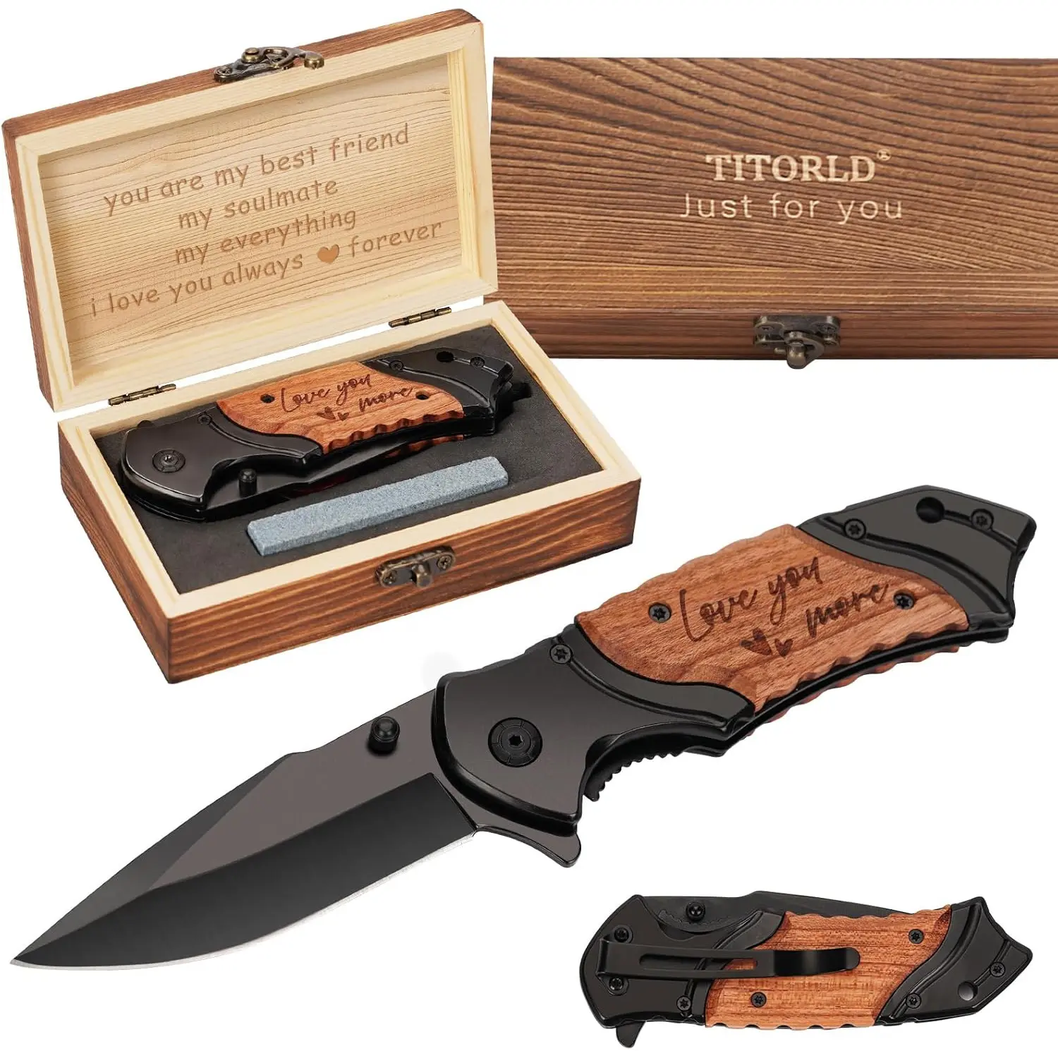 Gifts for Men Him Husband Fathers Day, Anniversary Birthday Gifts for Him Boyfriend, Birthday Gift ideas, Engraved Pocket Knife, Wooden Handle Folding Knife with Wood Box, Personalized Mens knife