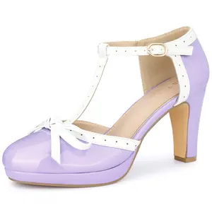BLISSFUL Women's Platform Bow Chunky Heels Purple T-Strap Mary Janes Pumps