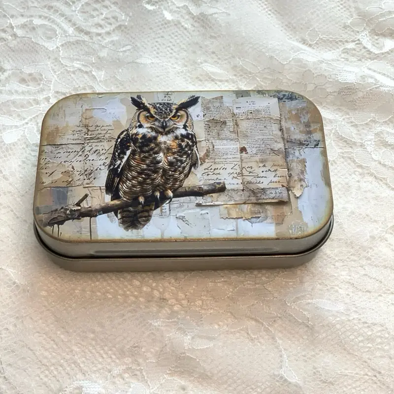 Owl tin box, trinket tin box, mini storage box