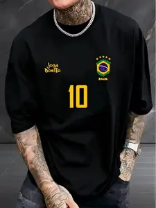 Men's Brazil #10 "Joga Bonito" Graphic Round Neck T-Shirt - Retro Soccer Streetwear for Football Fans, Street Style Enthusiasts, Perfect for Game Days, Casual Wear, and Summer Street Fashion