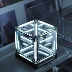 4D Infinity Mirror Cube LED Light with Sci-Fi Abyss Effect 2-Color Adjustable Touch Dimming 2000mAh USB-C Rechargeable Battery for Gaming Desk & Bedroom