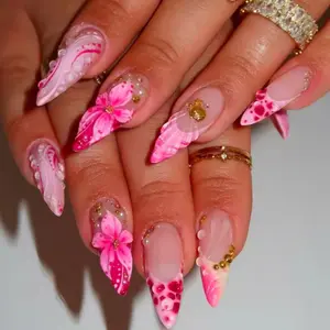 24pcs Handmade 3D Almond Shape Nails, Floral Shell Design with Pearl & Gold Beads, Glossy Finish, Party & Daily Wear, DIY Nails, Includes Jelly Glue & File