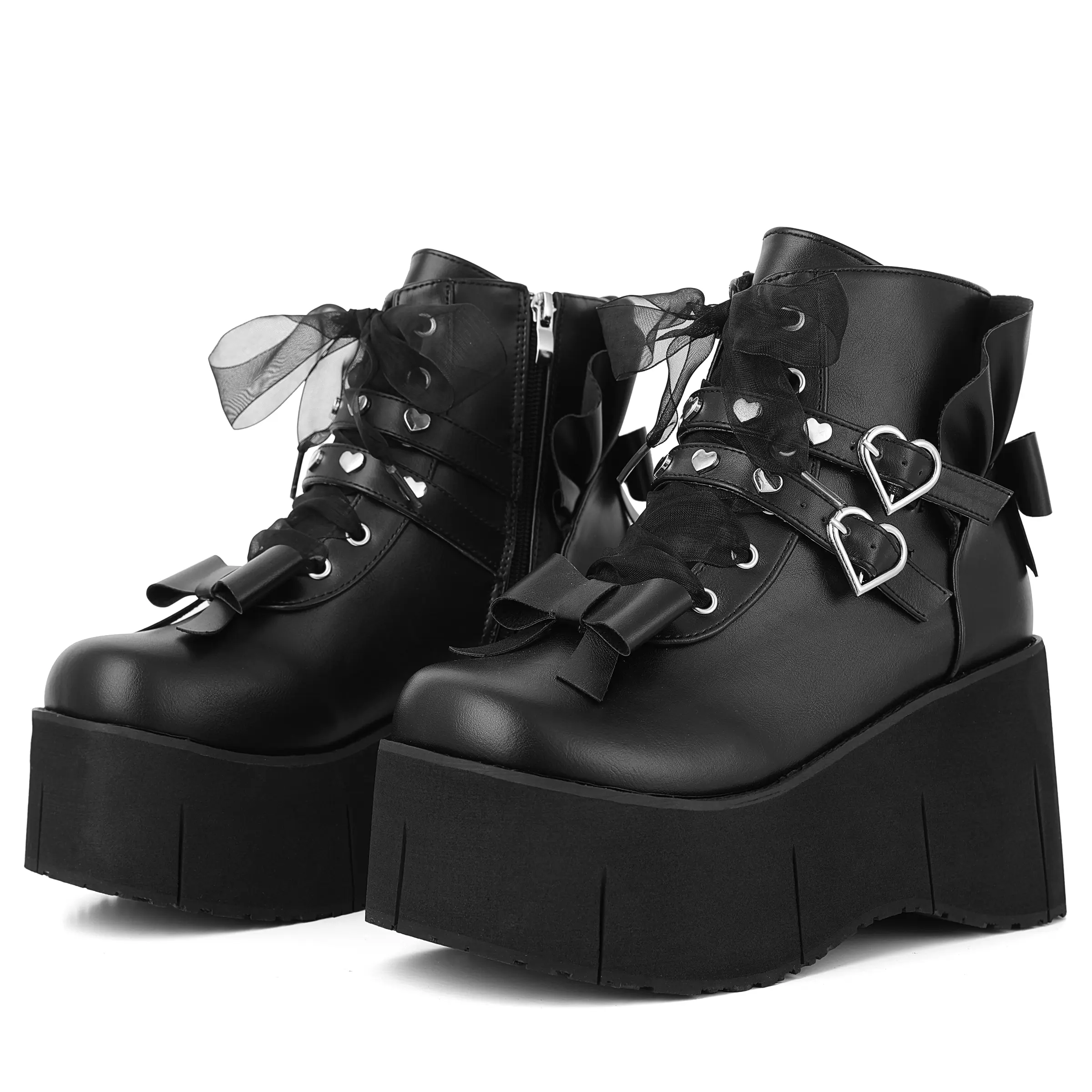 Women's Chic Gothic Lolita Ankle Boots, Cute Round Toe Faux Leather Chunky Platforms with Heart Buckles and Ribbon Laces, Footwear, Shoe, All Seasons, Casual Wear, Chunky Wedge, Gothic Chic, Bow, Rubber Sole, Goth Chic, Elegant