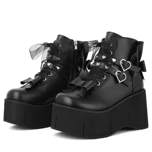 Women’s Black Platform Ankle Boots Heart Buckle Bow Detail Gothic Lolita Footwear Faux Leather Chunky Sole Lace Up Edgy Party Casual Daily Boots
