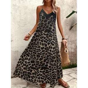 Women'S Elegant Leopard Print Maxi Dress - Sleeveless, V-Neck, Flowy A-Line Skirt, Black & Brown Animal Print, Perfect for Summer, Casual to Formal Wear, Casual Summer Dress | Vneck Dress | Texture