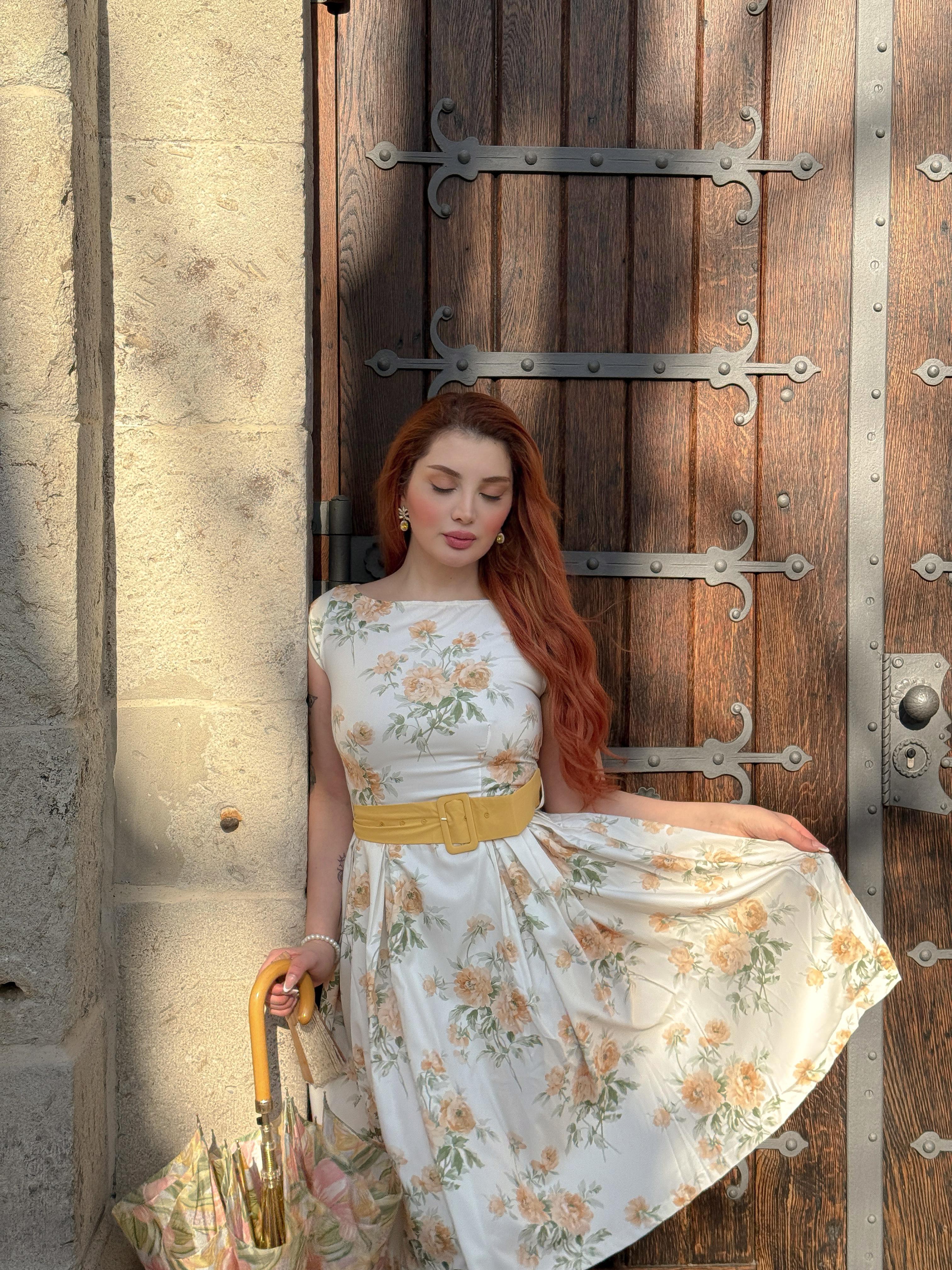 Yellow 1950s Boat Neck Antique Floral Dress Spring Vacation Womenswear Fitted Casual Sleeveless