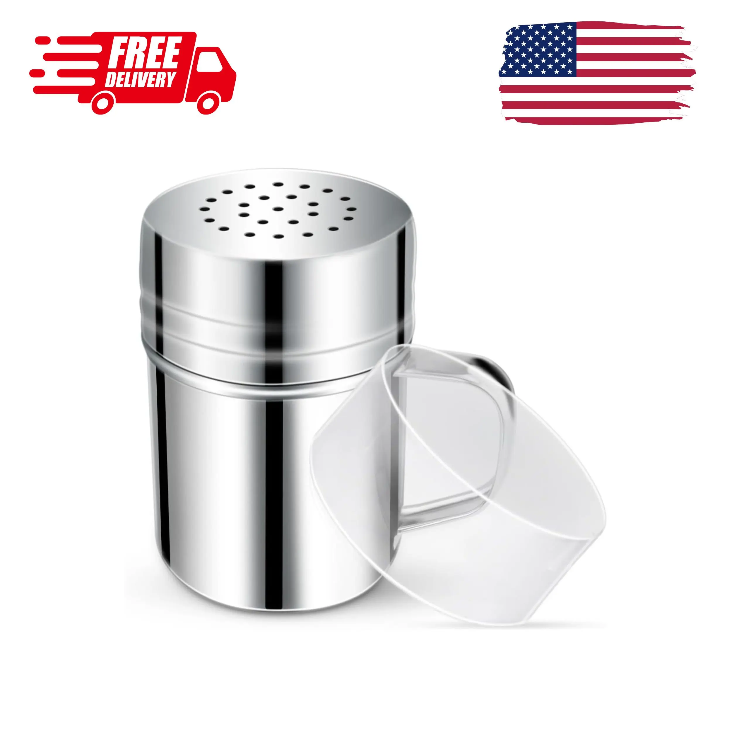 Stainless Steel Dredge Shaker Spice Shakers with Handle Powdered Sugar 6 Oz with Holes and Lid