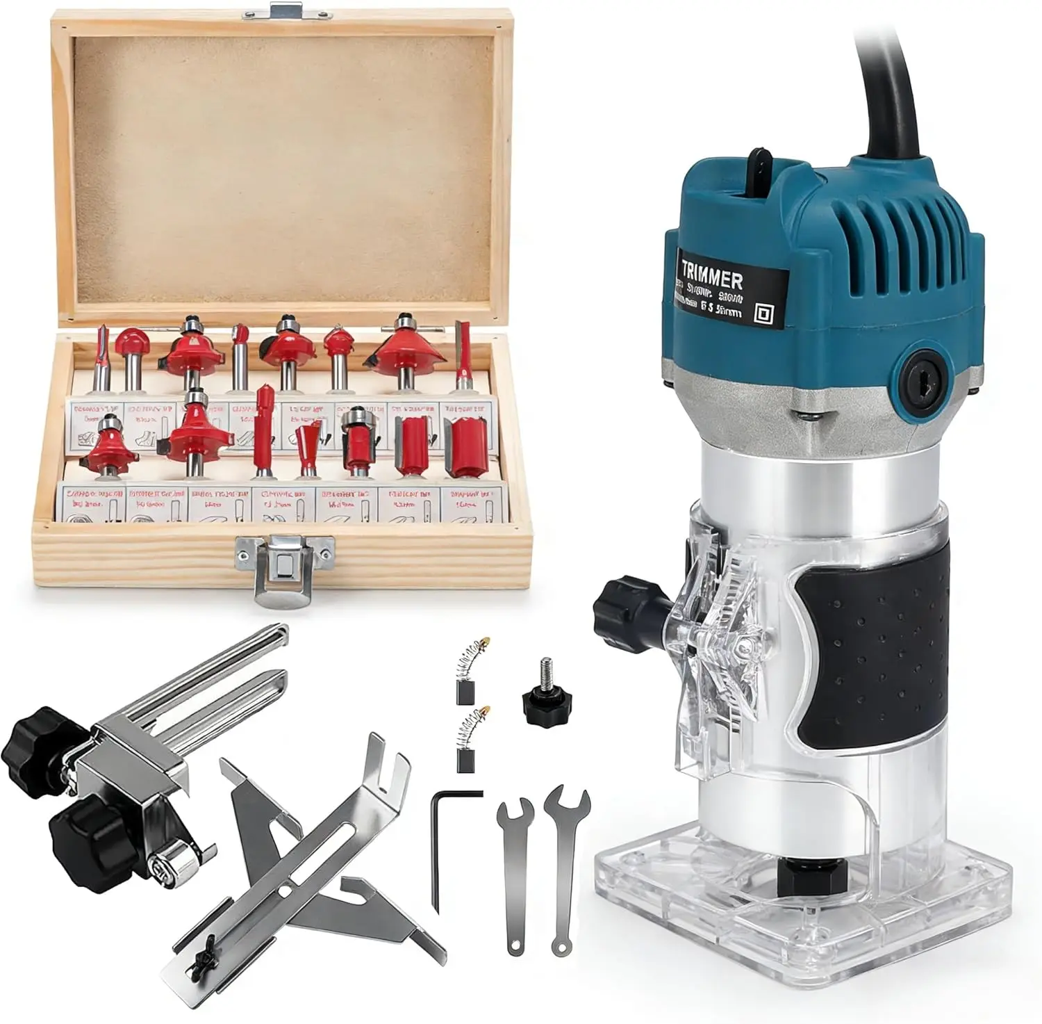 800W Wood Router Tool with 15x 1/4" Router Bits & 2x Trim Guides, 30000RPM 110V Hand Palm Trim Router for Woodworking, Adjustable Base Height with Scale