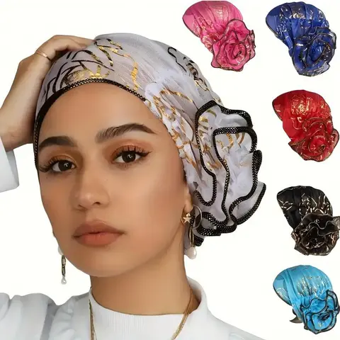 Women's 6-Pack Pre-Tied Polyester Floral Print Scarf Beanies - Easy-Wearable, Thin, Comfortable Female Matching Headscarves for Muslim Women's Daily Hair Wrapping