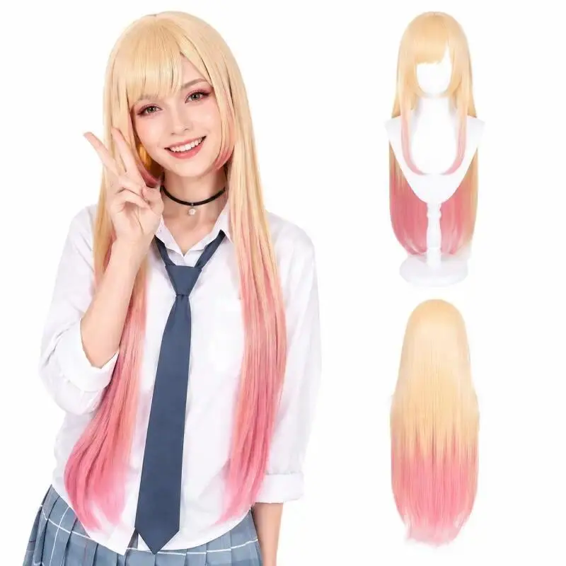 Blonde Pink Ombre Wig Women Long Straight Synthetic Hair Wig With Bangs Heat Resistant Anime Cosplay Costume Party Daily Wear