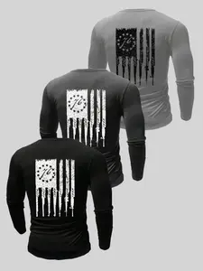 Men's American Flag Graphic Print Long Sleeve Tee, Regular Fit Casual Comfy Round Neck T-shirt for Spring & Fall, Men's Top for Daily Wear