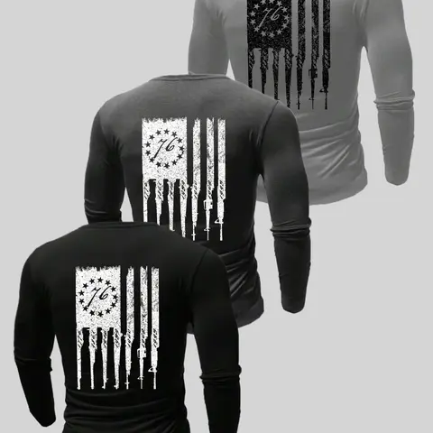 Men's American Flag Graphic Print Long Sleeve Tee, Regular Fit Casual Comfy Round Neck T-shirt for Spring & Fall, Men's Top for Daily Wear