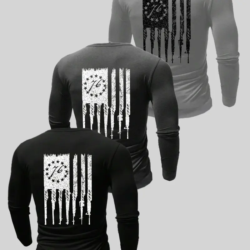 Men's American Flag Graphic Print Long Sleeve Tee, Regular Fit Casual Comfy Round Neck T-shirt for Spring & Fall, Men's Top for Daily Wear